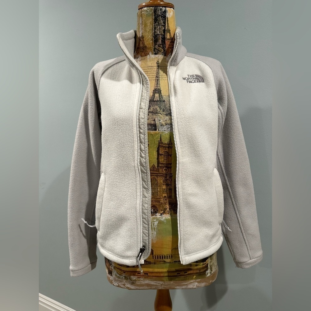 The North Face Womens Khumbu Fleece Jacket White Gray Pockets Toggle Elastic XS - Picture 2 of 8